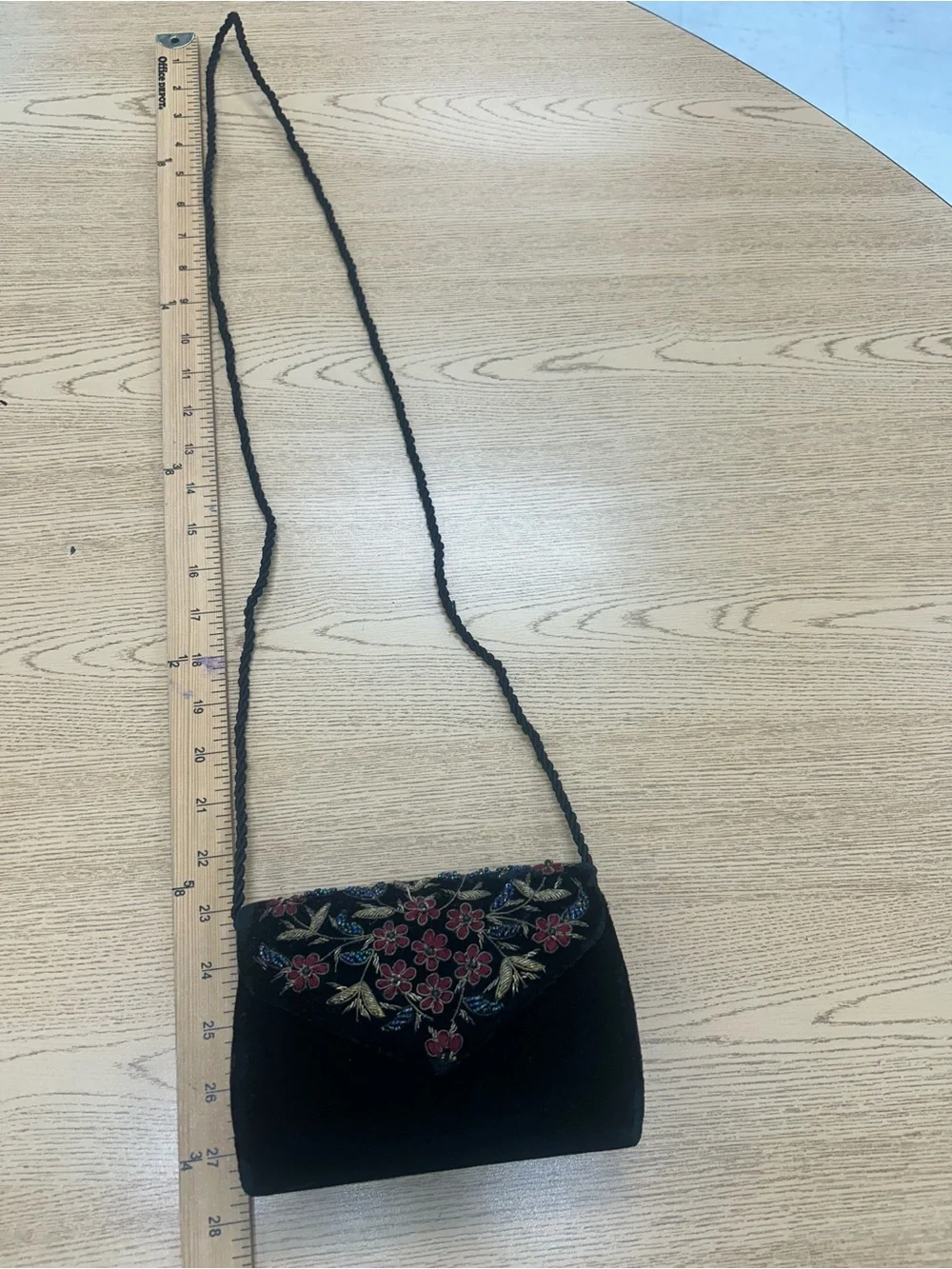 Vintage Embroidered Black Velvet evening Bag/clutch with Red Floral Accents